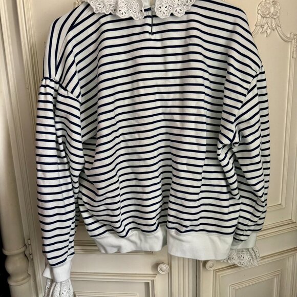J Crew white striped sweater w/eyelet lace collar & sleeves, women's size large - Picture 5 of 7